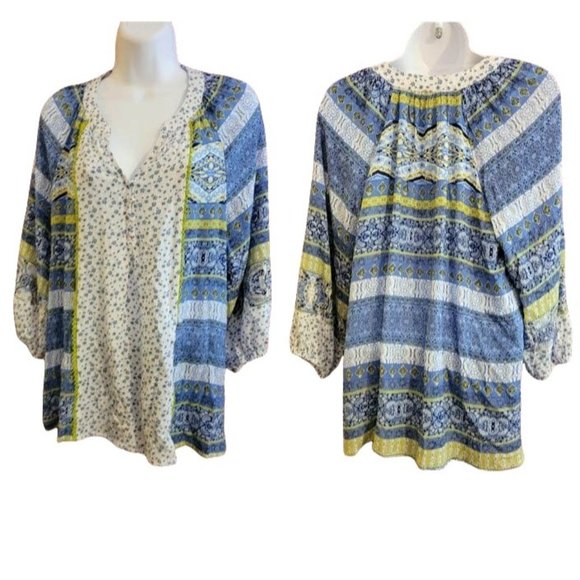 Farmers Market by Oneworld blue/green boho blouse Size Medium - Picture 1 of 4